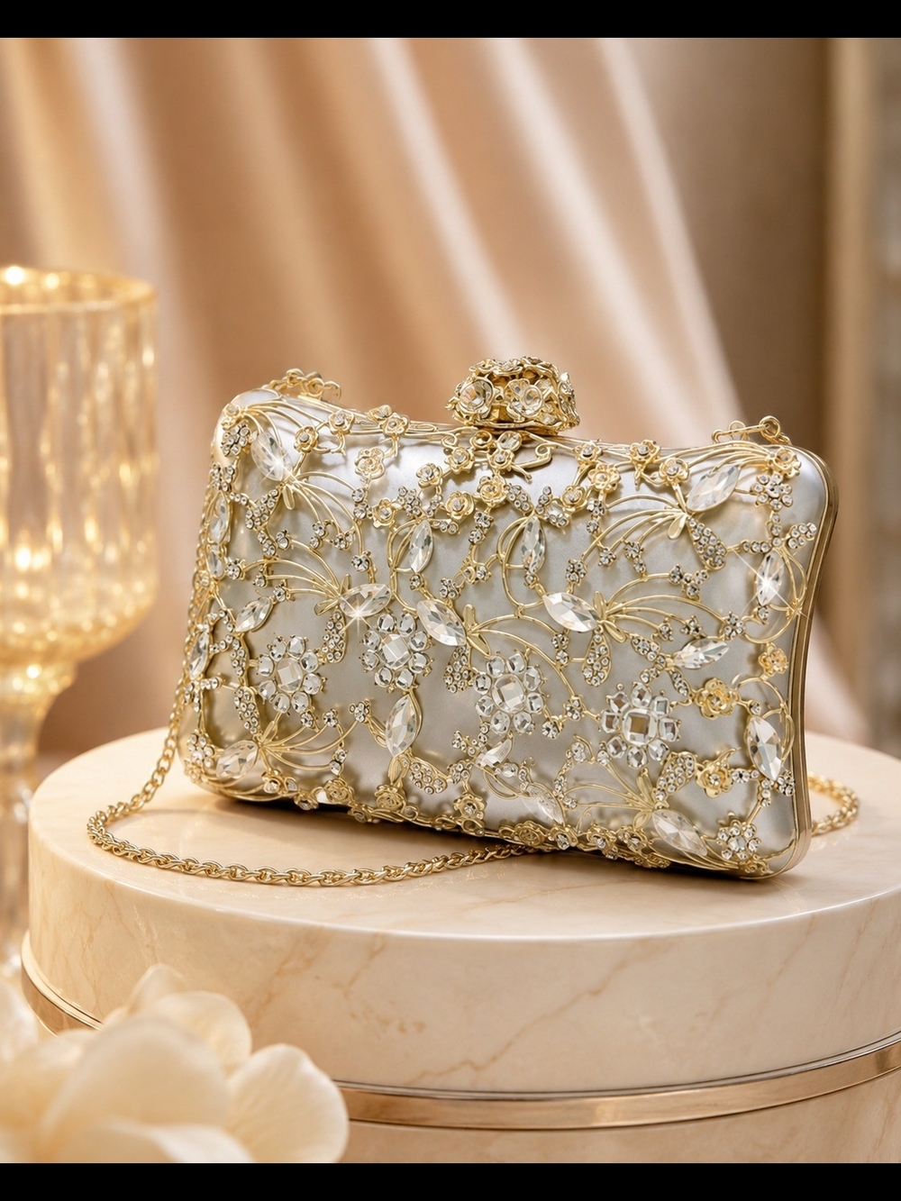 Ivory Gold Floral Rhinestone Evening Clutch Bridal Wedding Party Purse